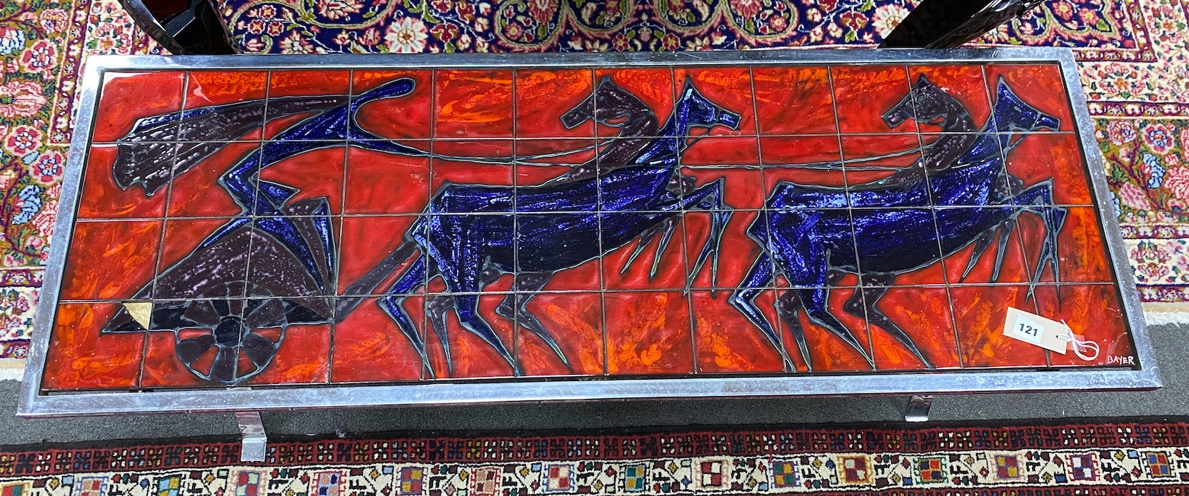 A mid century chromium coffee table, inset tiles by Andre Bayer, width 124cm, depth 45cm, height 43cm